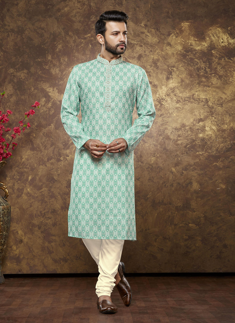 Sea Green Cotton Printed Kurta Pajama Set