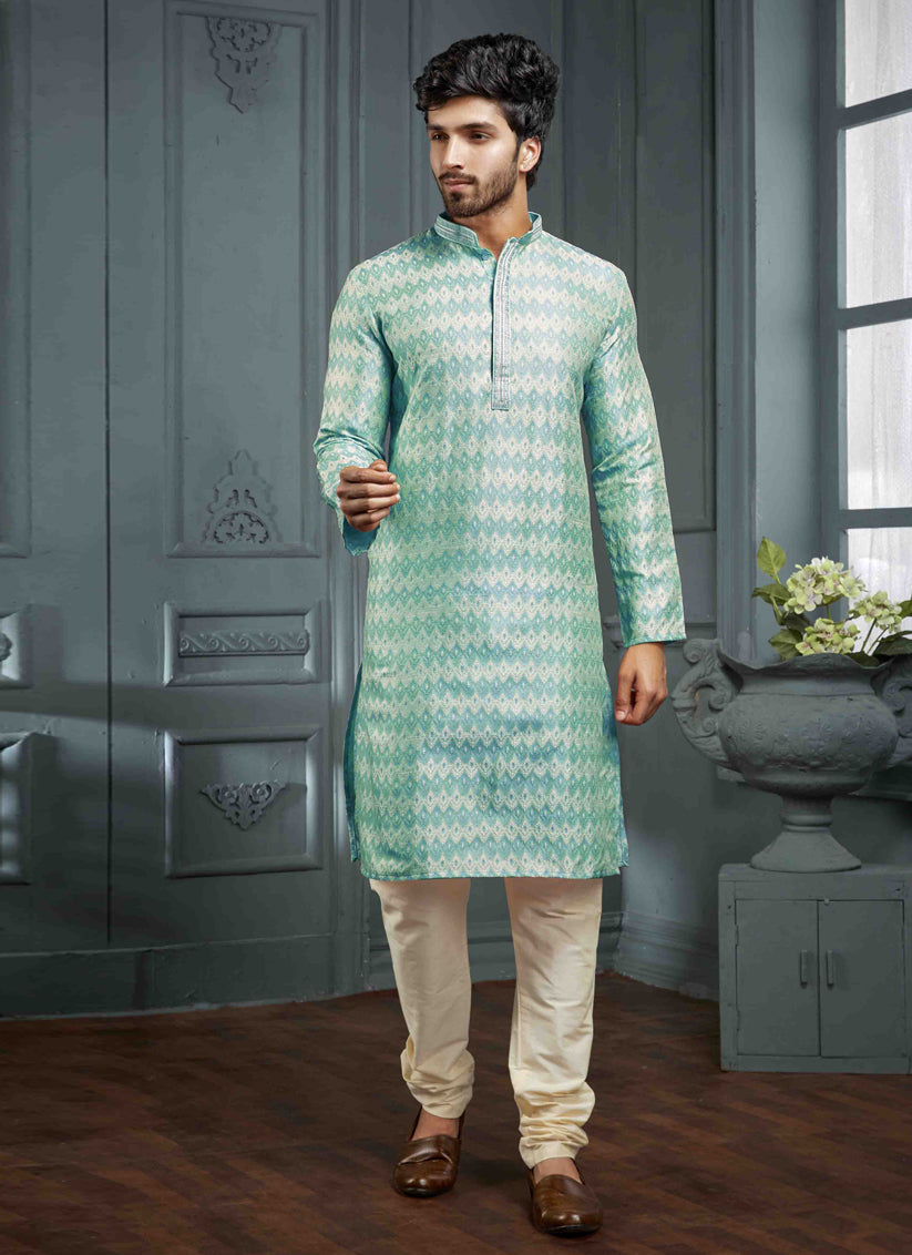 Turquoise Jacquard Mens Kurta Pajama Set