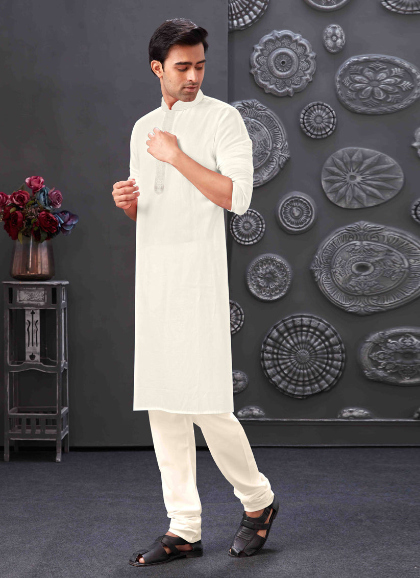 White Blend Silk Mens Kurta Pajama Set