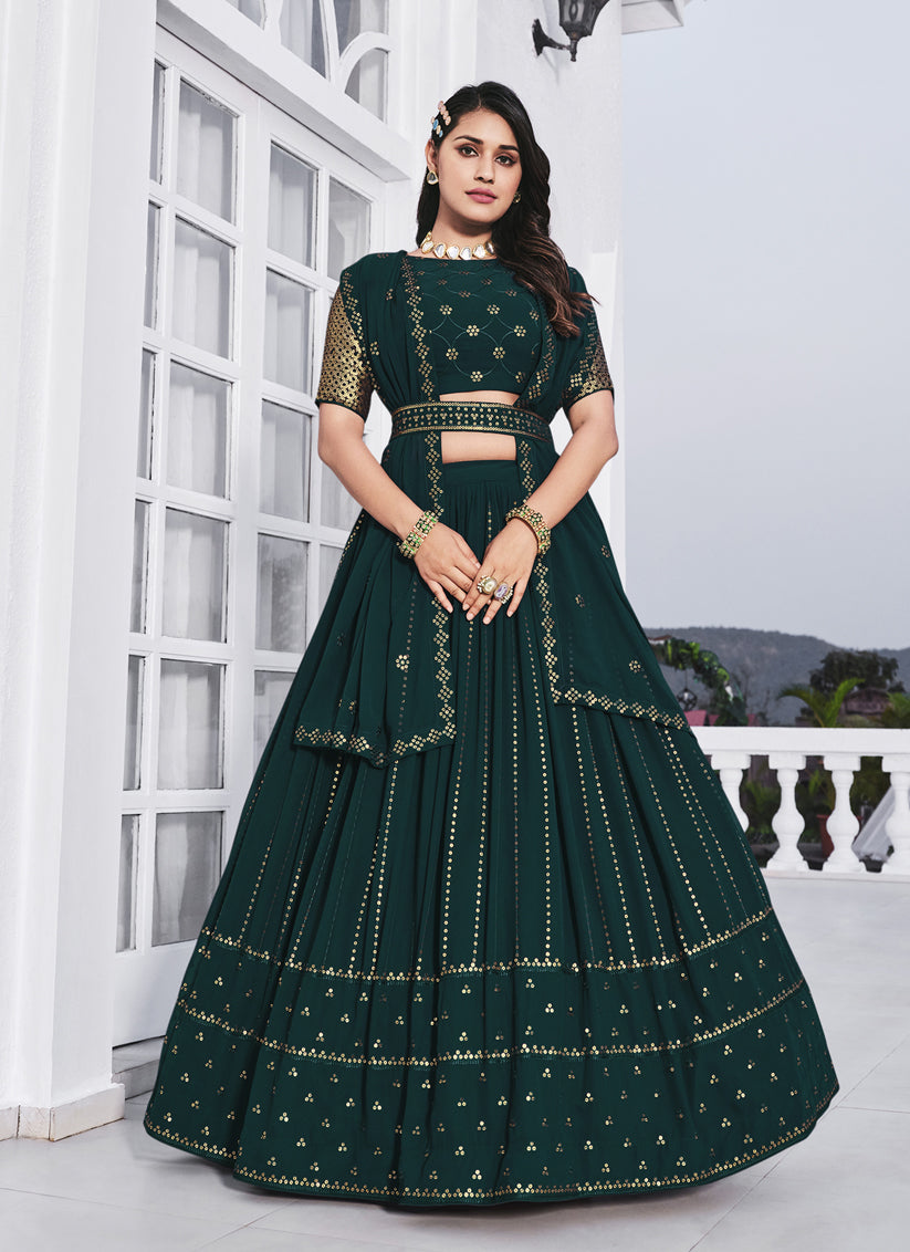 Teal Green Georgette Embroidered Designer Lehenga Choli