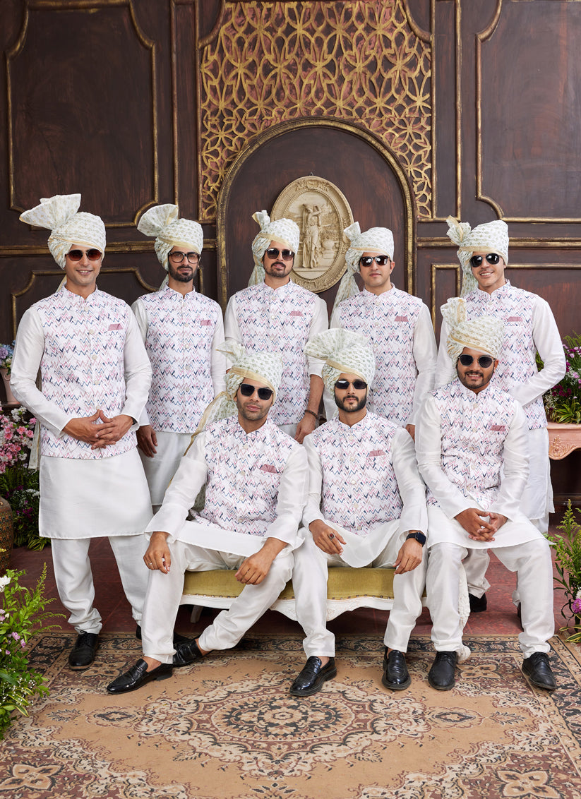 White Art Banarasi Silk Mens Kurta Pajama Set With Jacket