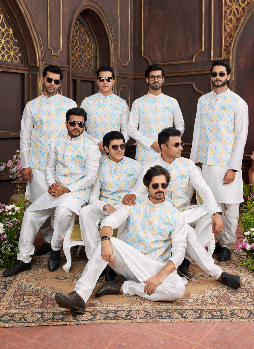 White Art Banarasi Silk Mens Kurta Pajama Set With Jacket