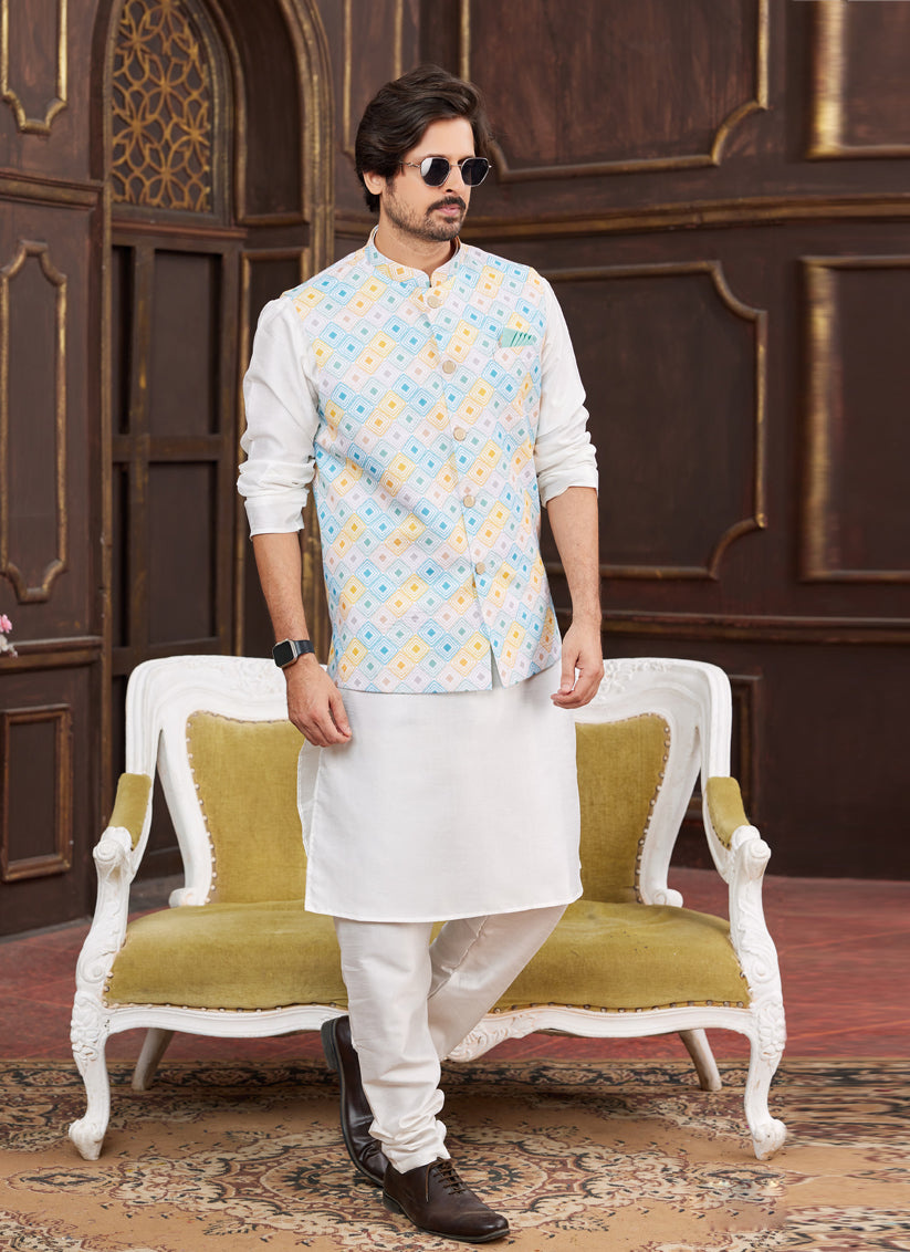 White Art Banarasi Silk Mens Kurta Pajama Set With Jacket