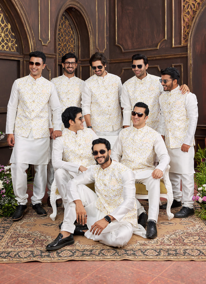 White Art Banarasi Silk Mens Kurta Pajama Set With Jacket