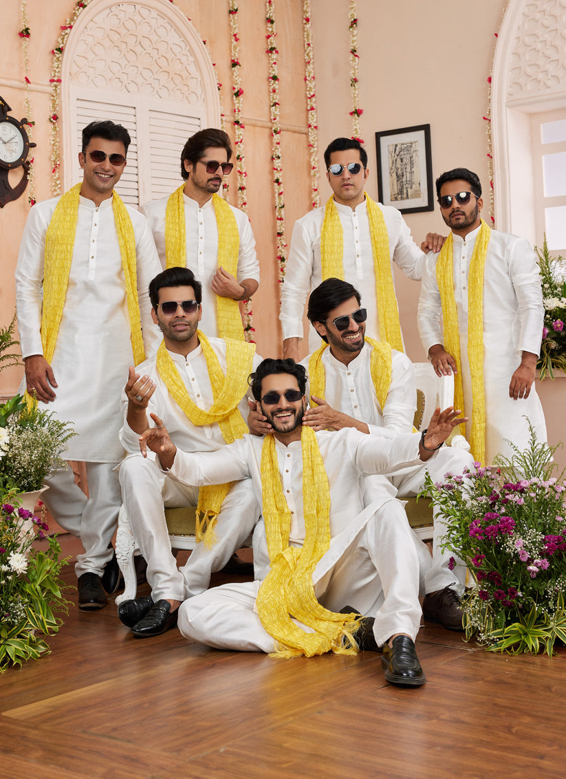 White Art Silk Mens Kurta Pajama Set With Stole