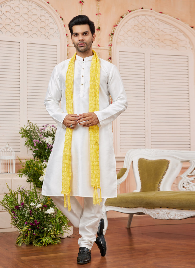 White Art Silk Mens Kurta Pajama Set With Stole