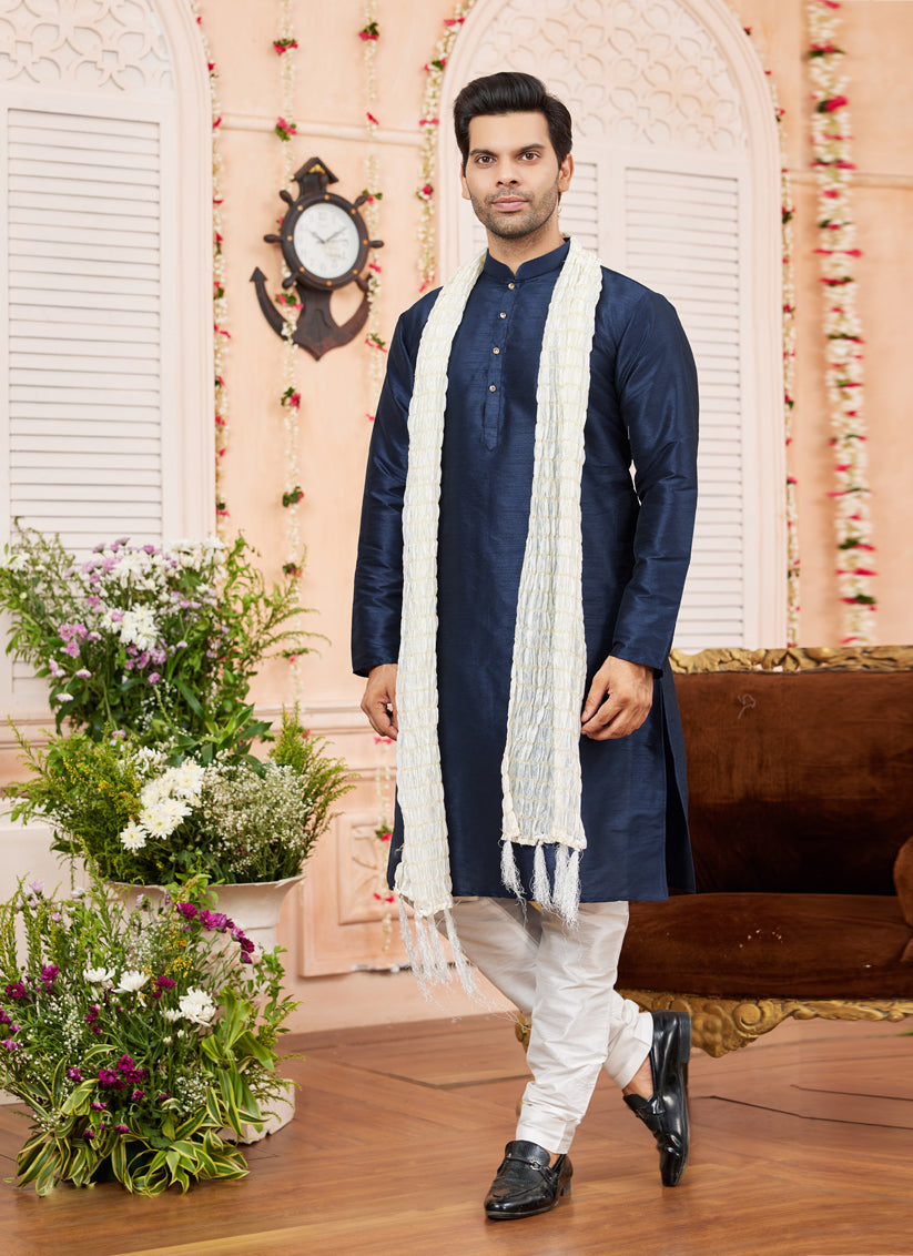Midnight Blue Art Silk Mens Kurta Pajama Set With Stole