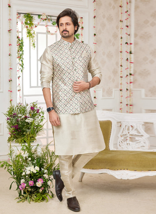 Ivory Art Banarasi Silk Mens Kurta Pajama Set With Jacket