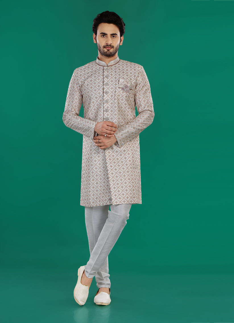 Cream Mens Semi Indowestern Outfit For Wedding