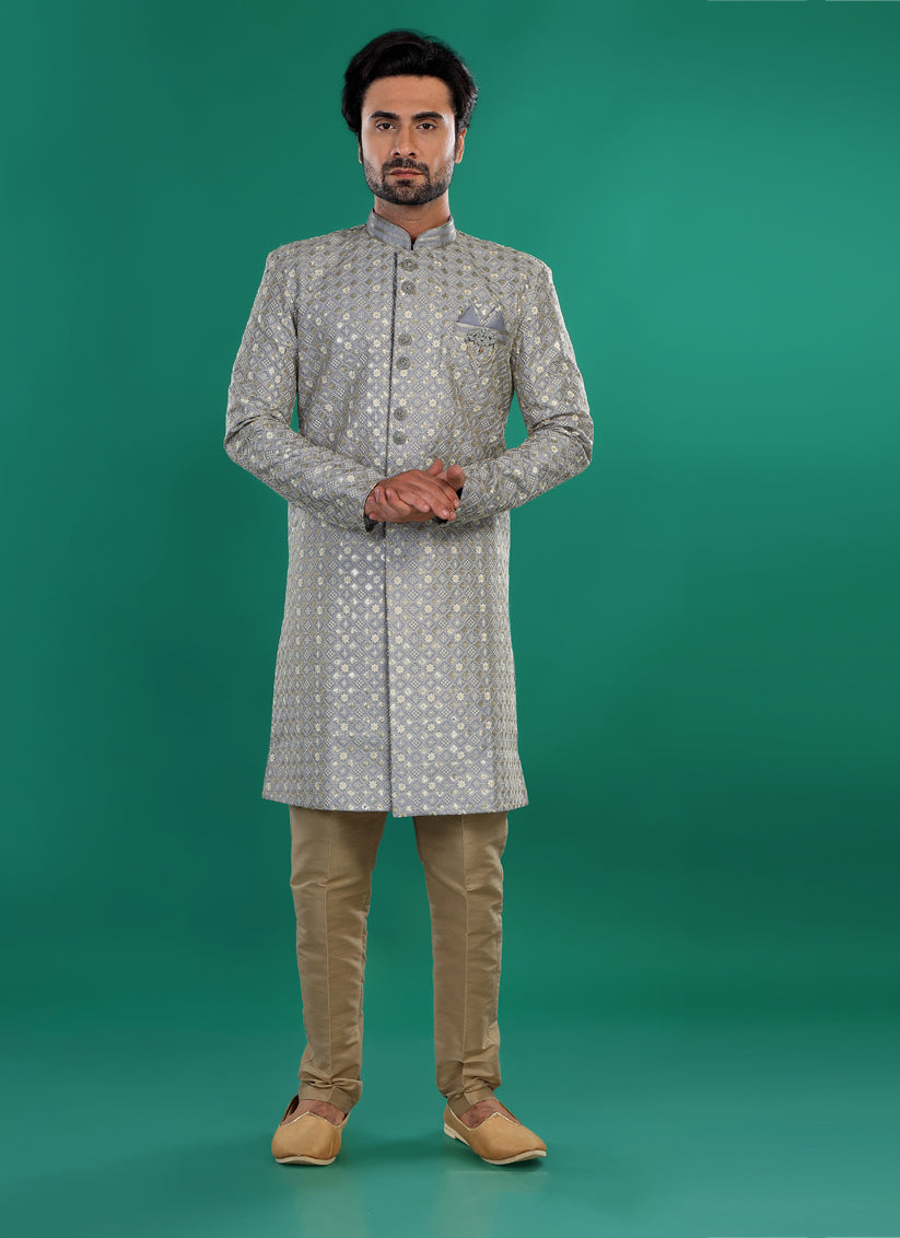 Grey Mens Semi Indowestern Outfit For Wedding