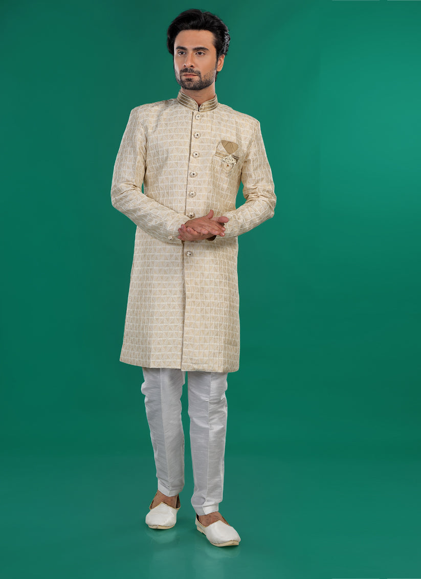 Cream Mens Semi Indowestern Outfit For Wedding