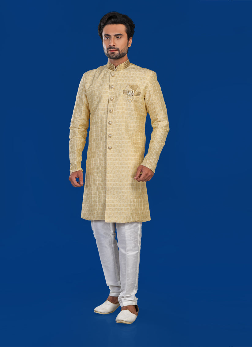 Yellow Mens Semi Indowestern Outfit For Wedding