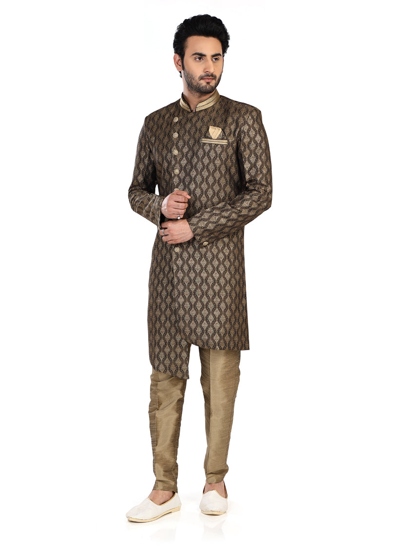 Olive Green Mens Semi Indowestern Outfit For Wedding