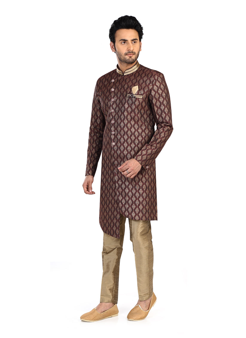 Wine Mens Semi Indowestern Outfit For Wedding