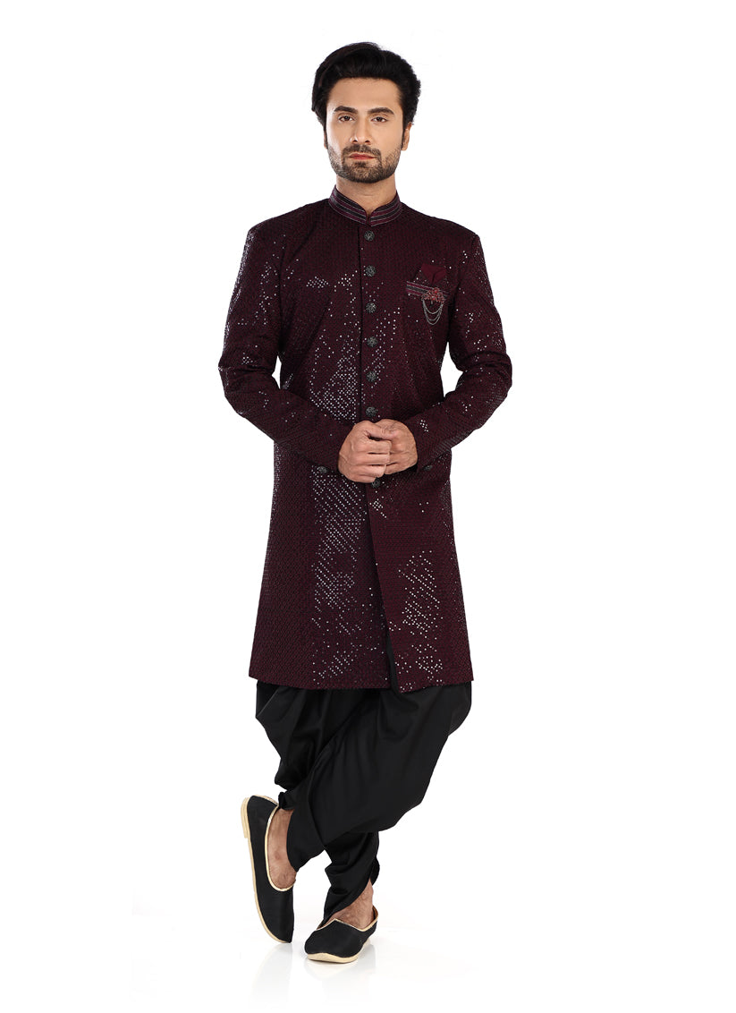 Wine Mens Semi Indowestern Outfit For Wedding