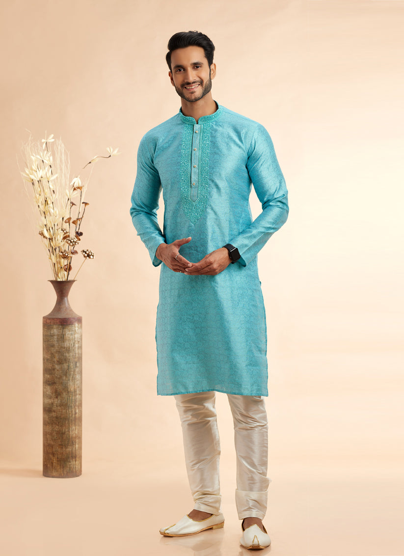 Sky Blue Jacquard Art Silk Embroidered Kurta Pajama Set