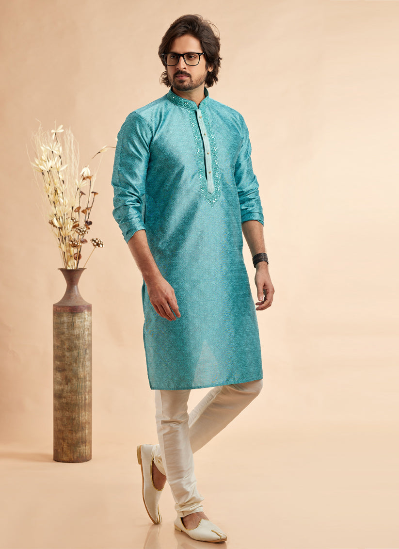 Azure Blue Jacquard Art Silk Embroidered Kurta Pajama Set