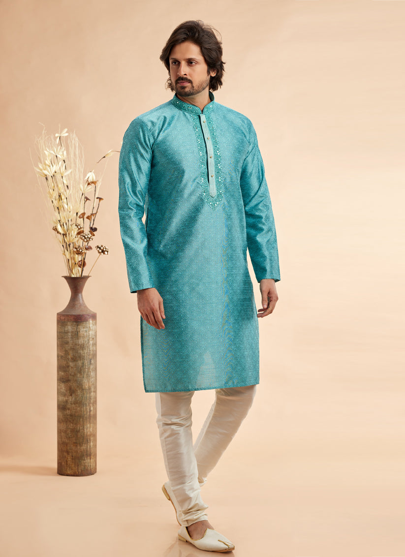 Azure Blue Jacquard Art Silk Embroidered Kurta Pajama Set