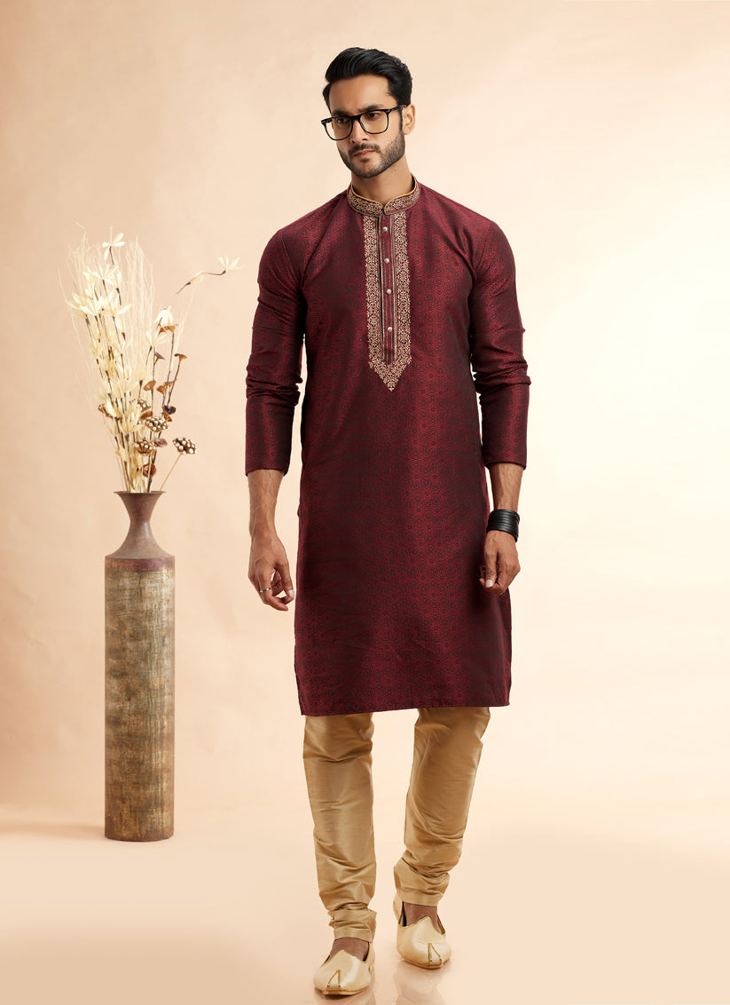 Maroon Jacquard Art Silk Embroidered Kurta Pajama Set