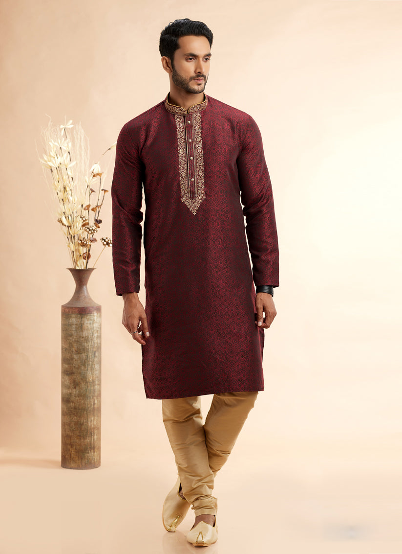 Maroon Jacquard Art Silk Embroidered Kurta Pajama Set