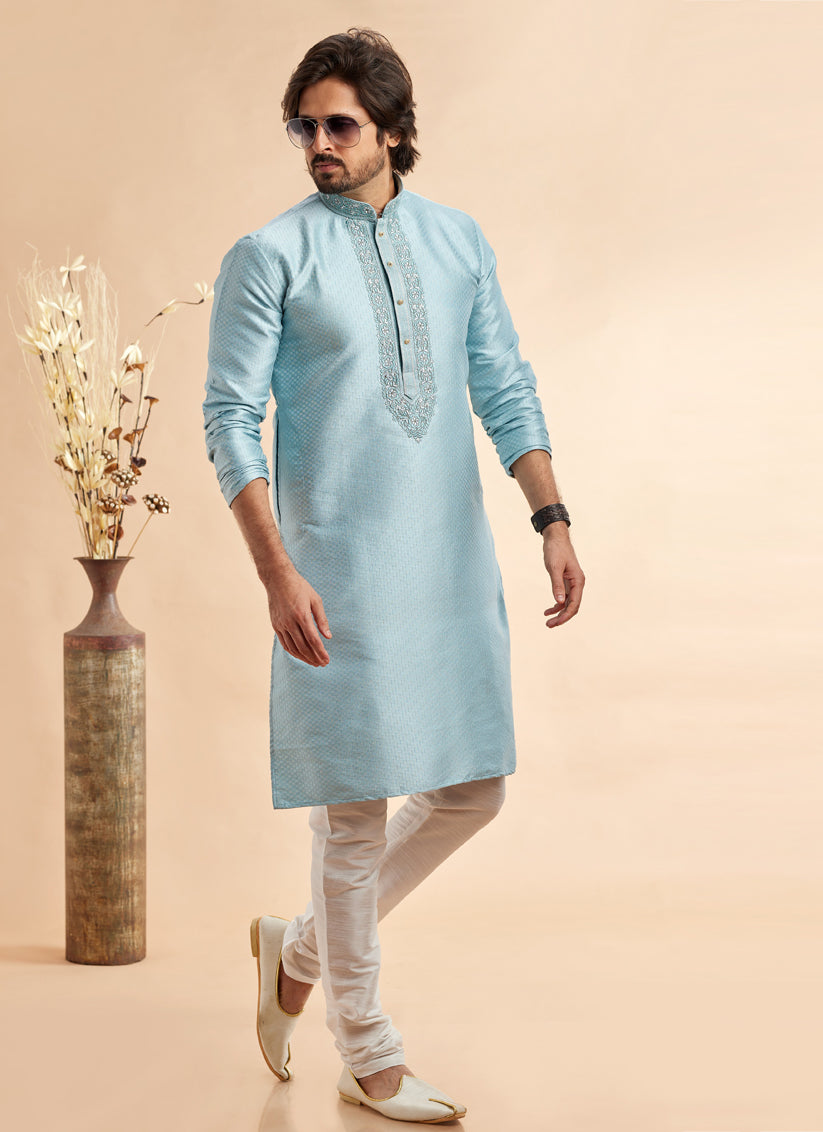 Breeze Blue Jacquard Art Silk Embroidered Kurta Pajama Set