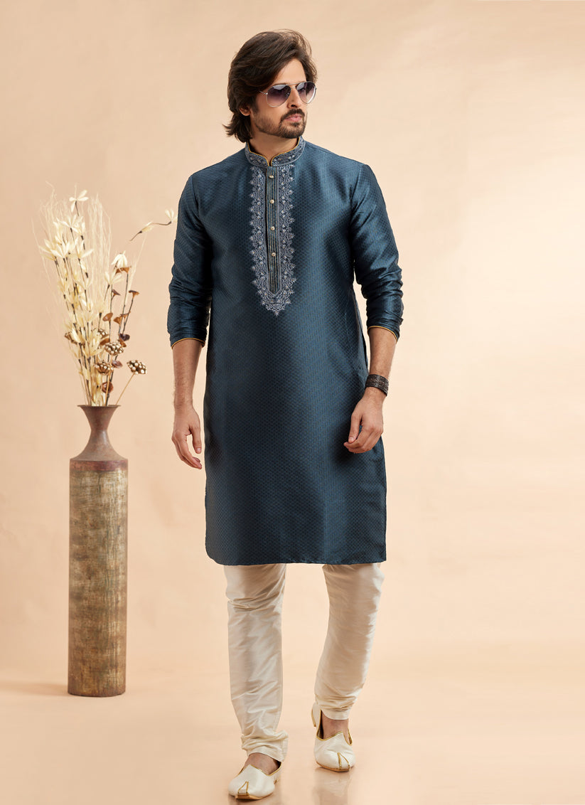 Teal Blue Jacquard Art Silk Embroidered Kurta Pajama Set