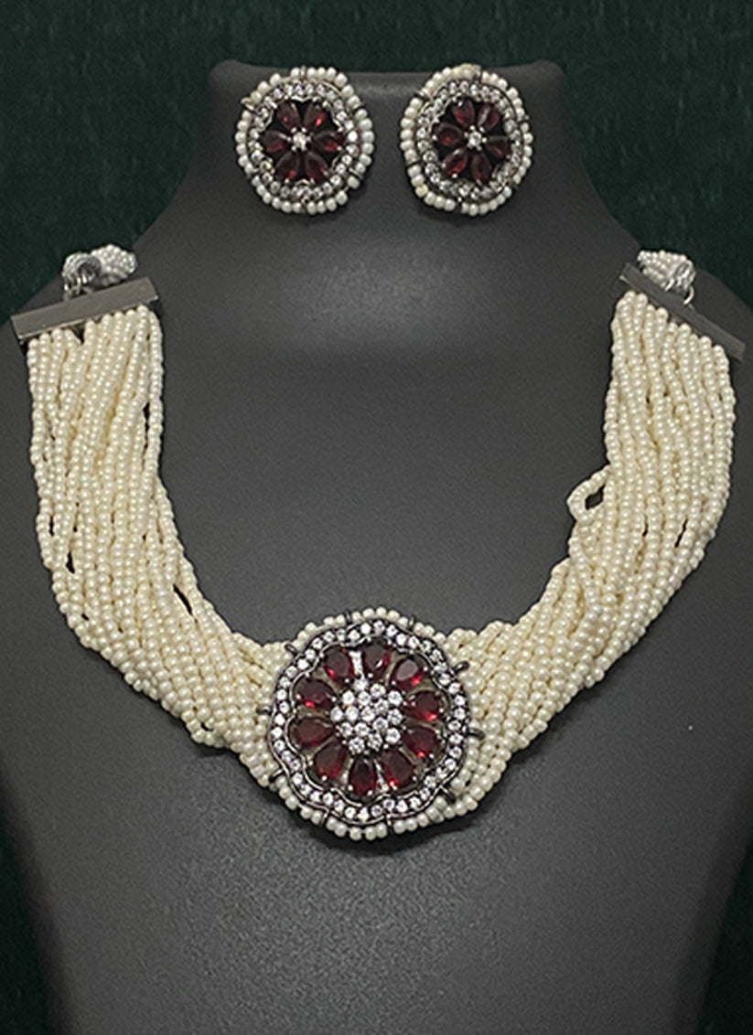 Premium Maroon Pearl Choker Necklace Set