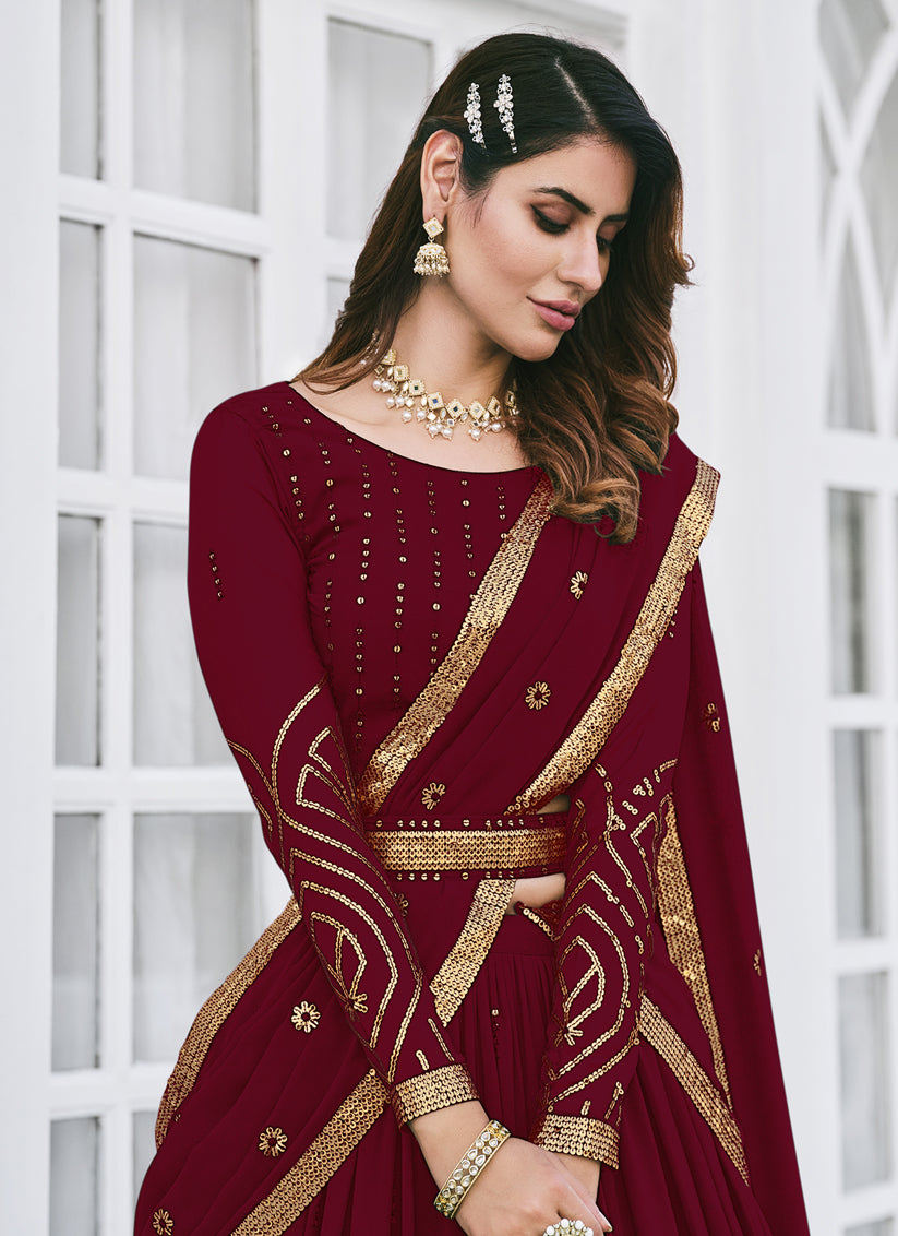 Maroon Georgette Embroidered Designer Lehenga Choli