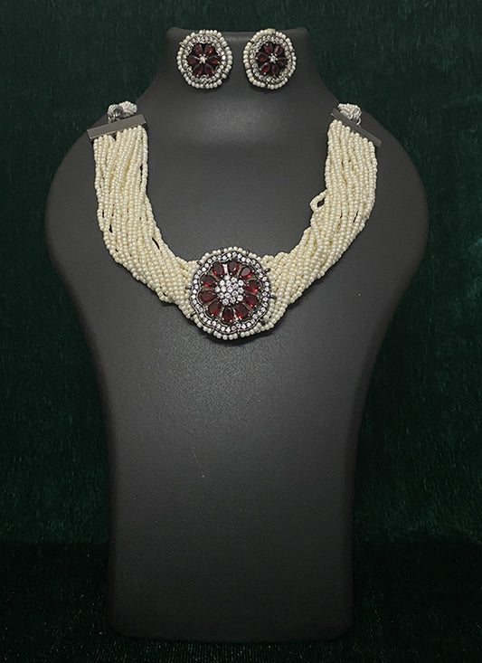 Premium Maroon Pearl Choker Necklace Set