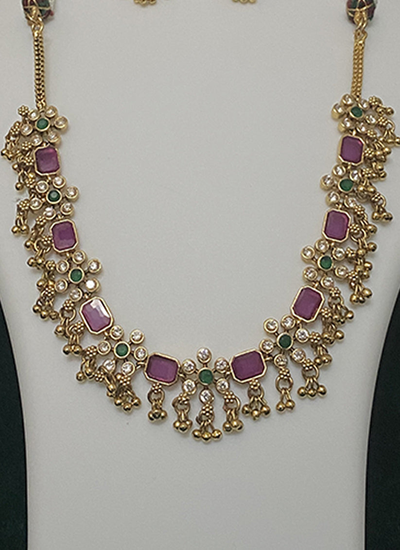 Pink Stone & Pearl Necklace Set