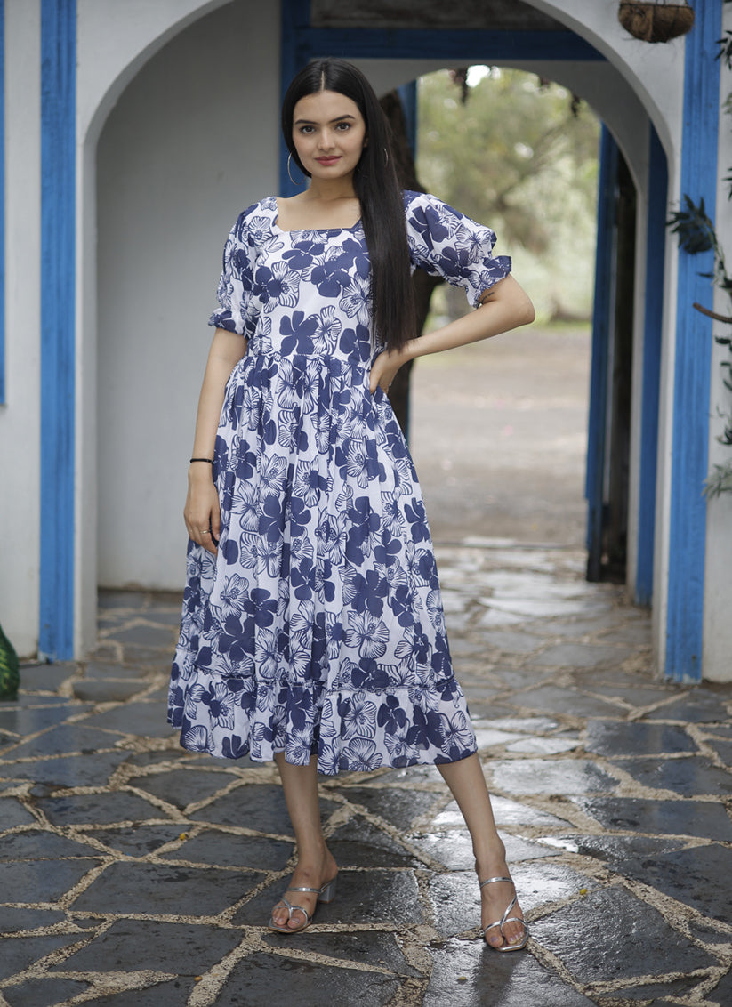 White and Navy Blue Faux Georgette Digital Print Plus Size Kurti