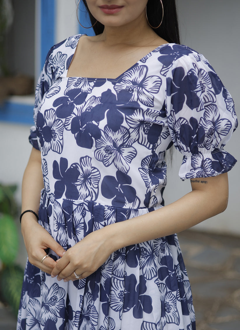 White and Navy Blue Faux Georgette Digital Print Plus Size Kurti