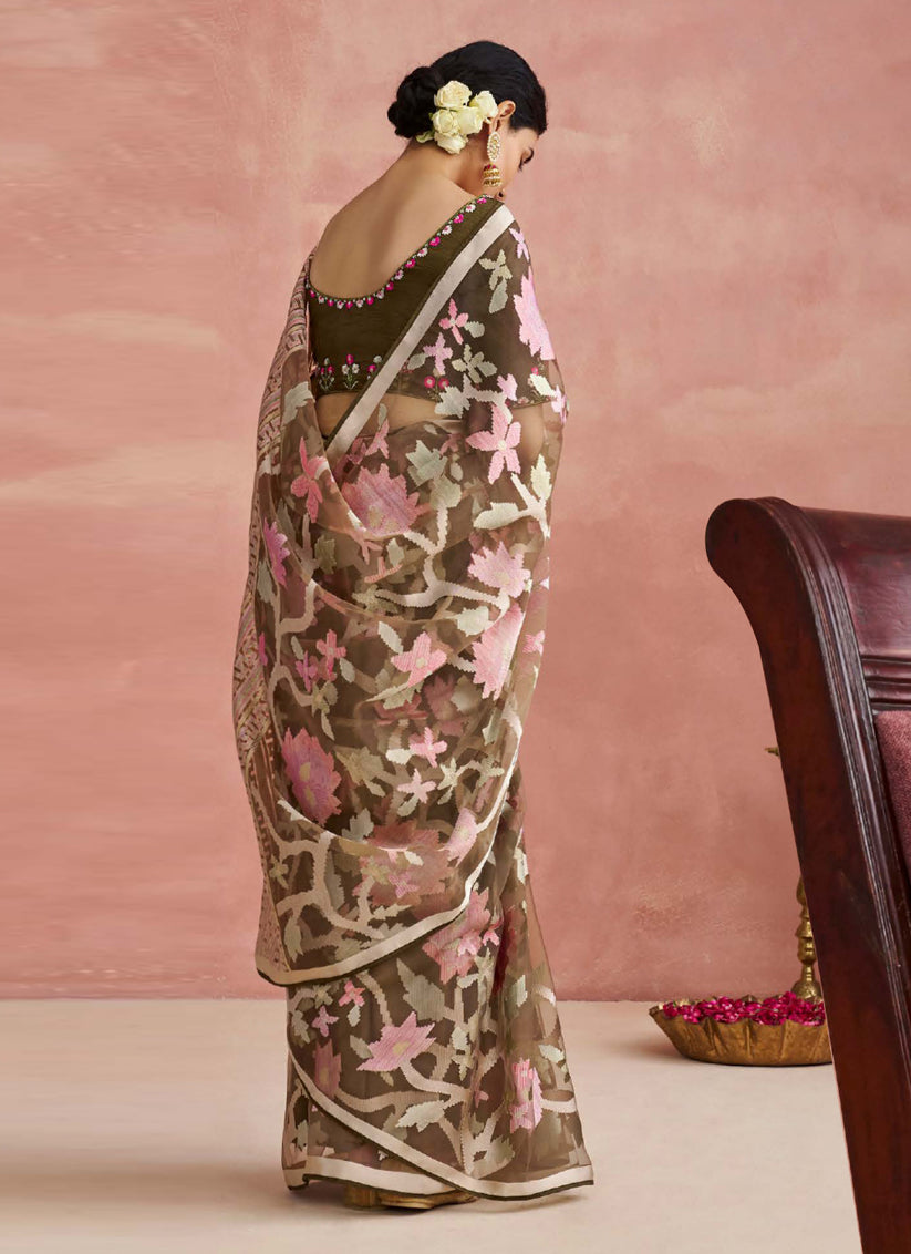 Oak Brown Brasso Embroidered Saree