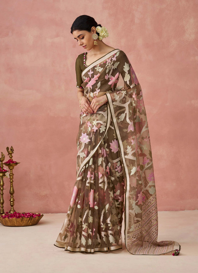 Oak Brown Brasso Embroidered Saree