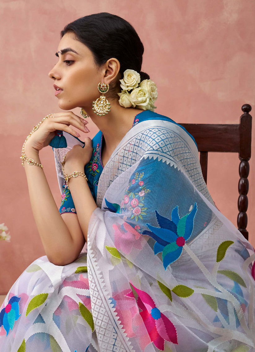 Silver White Brasso Embroidered Saree