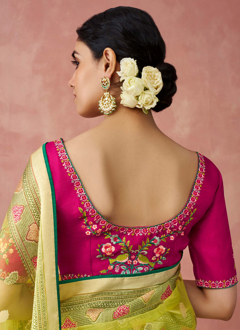 Lime Yellow Brasso Embroidered Saree