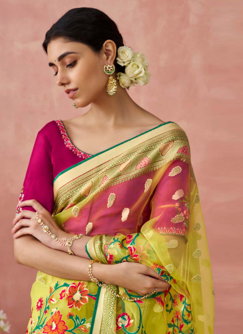 Lime Yellow Brasso Embroidered Saree