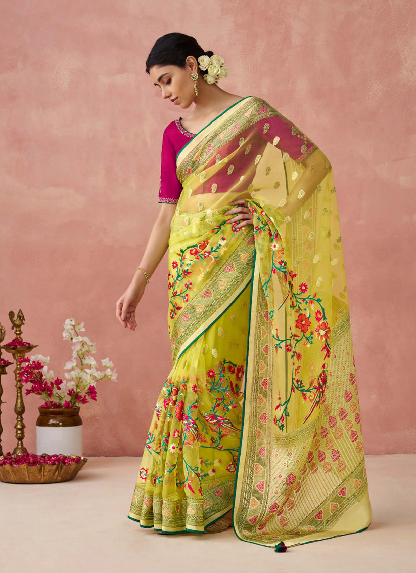 Lime Yellow Brasso Embroidered Saree