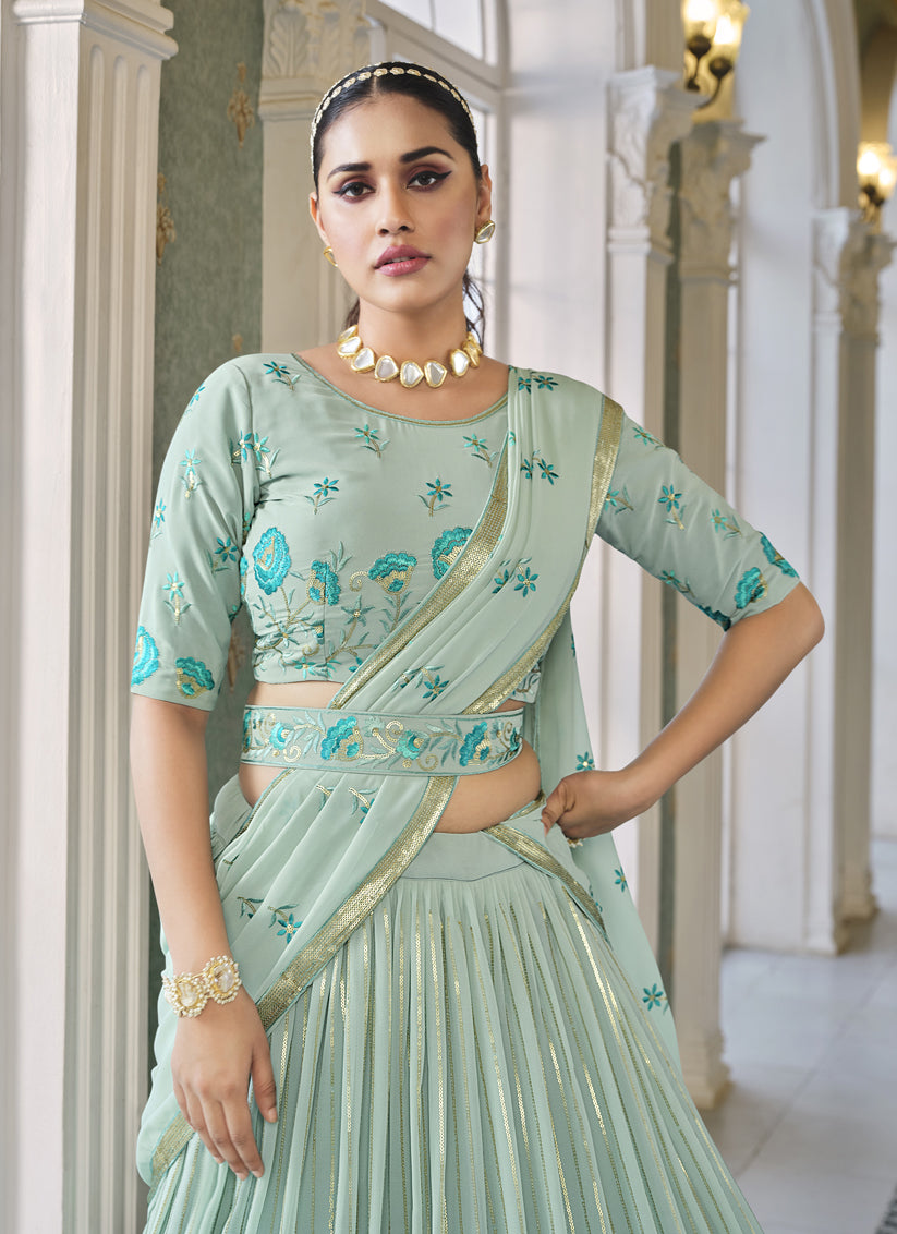 Ice Mint Georgette Embroidered Designer Lehenga Choli