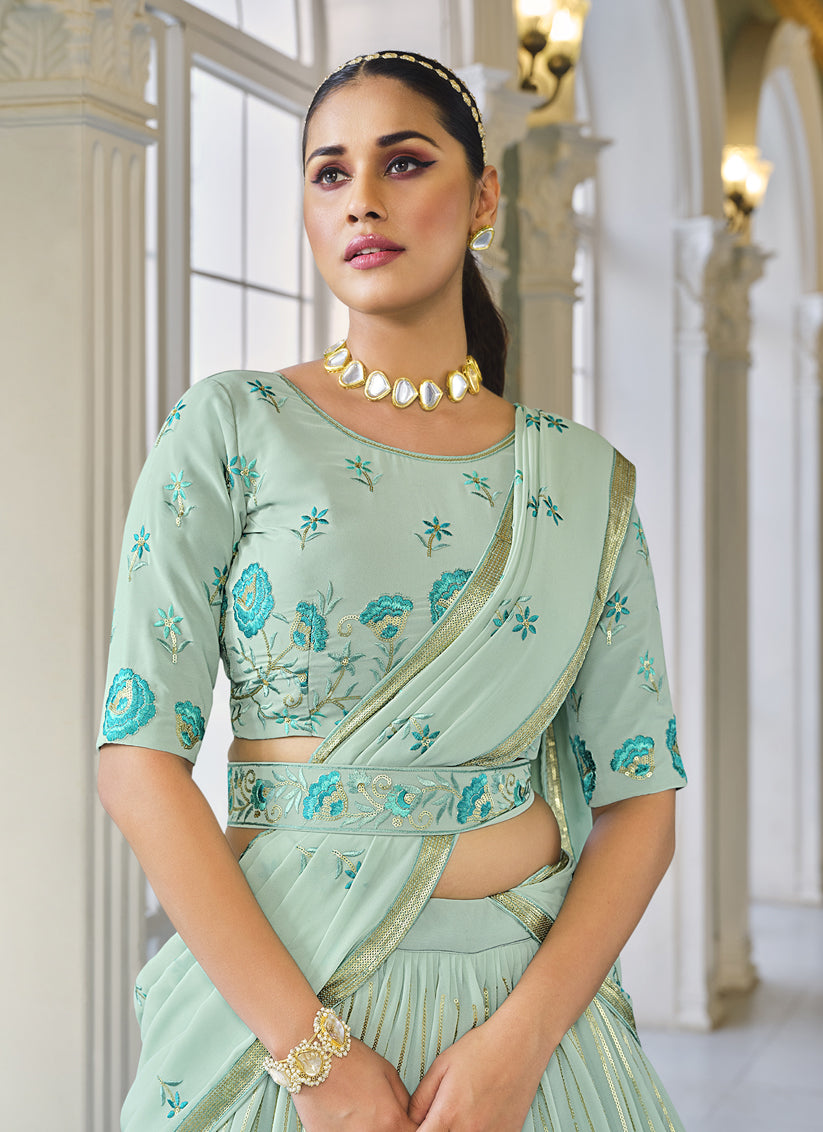 Ice Mint Georgette Embroidered Designer Lehenga Choli