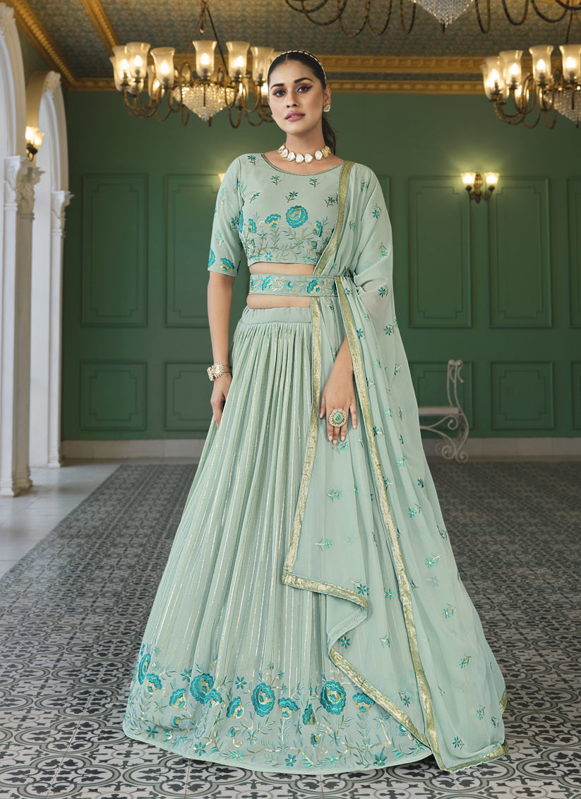 Ice Mint Georgette Embroidered Designer Lehenga Choli