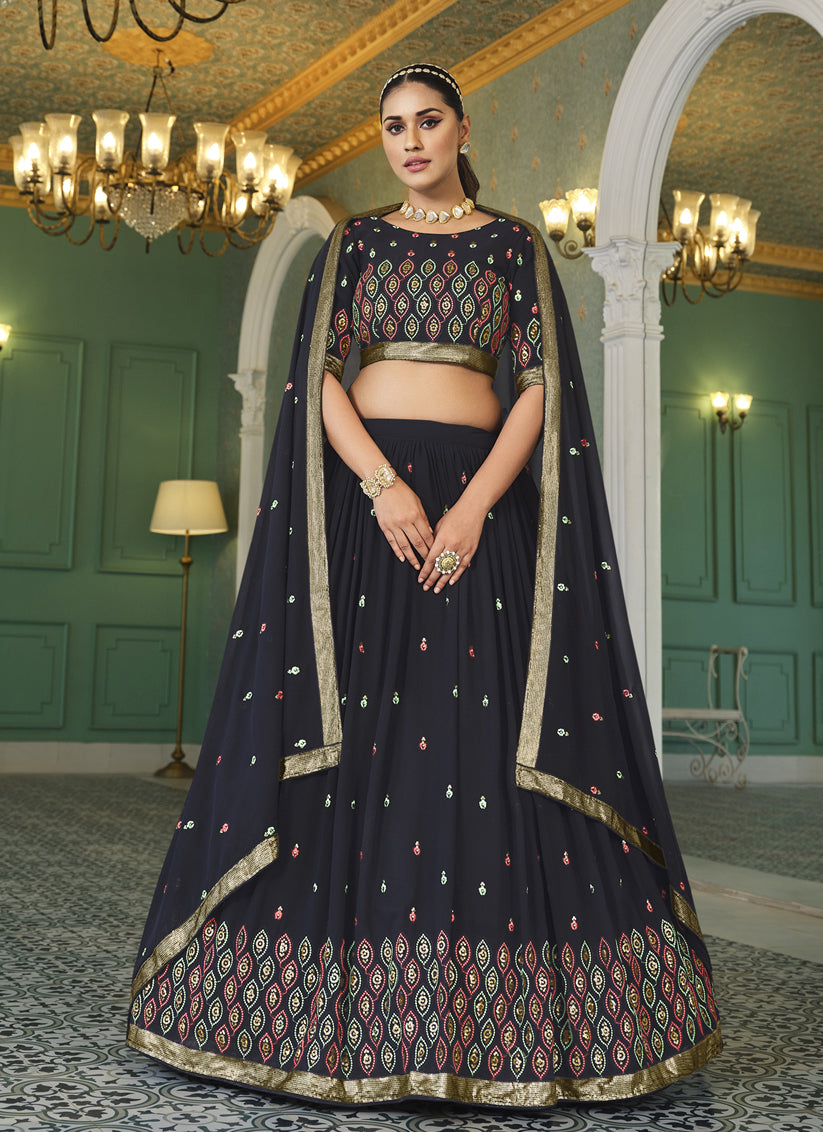 Midnight Blue Georgette Embroidered Designer Lehenga Choli