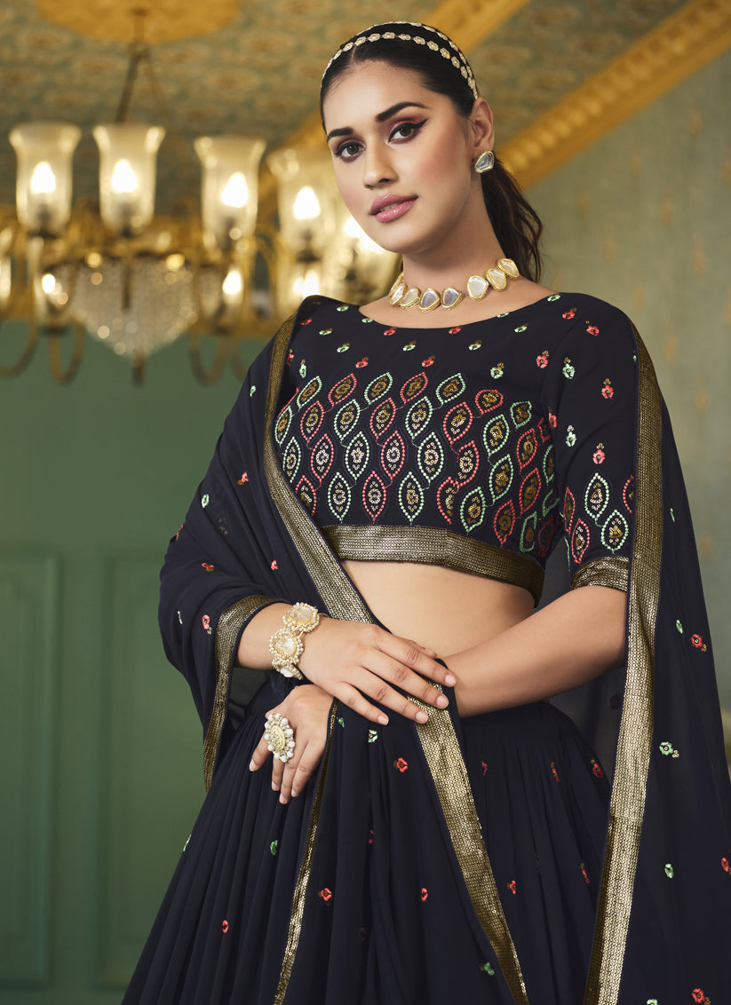 Midnight Blue Georgette Embroidered Designer Lehenga Choli