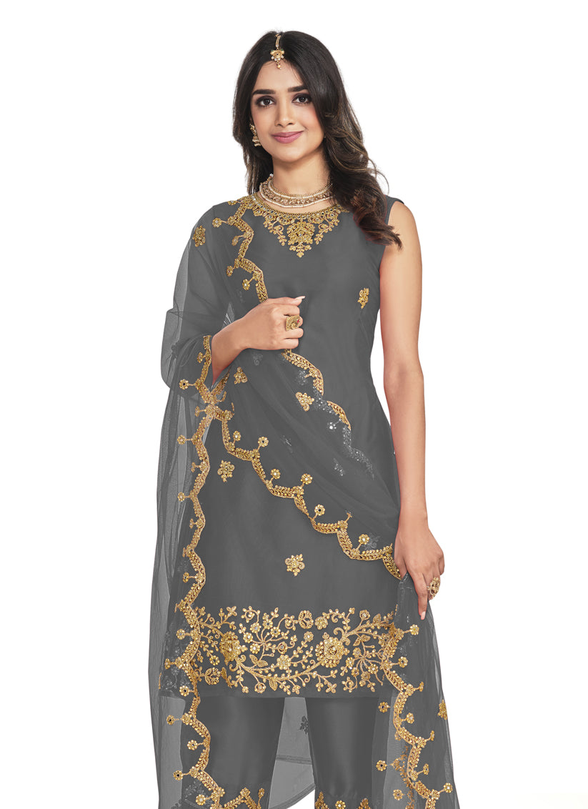 Dusty Grey Net Embroidered Pant Kameez with Jacket