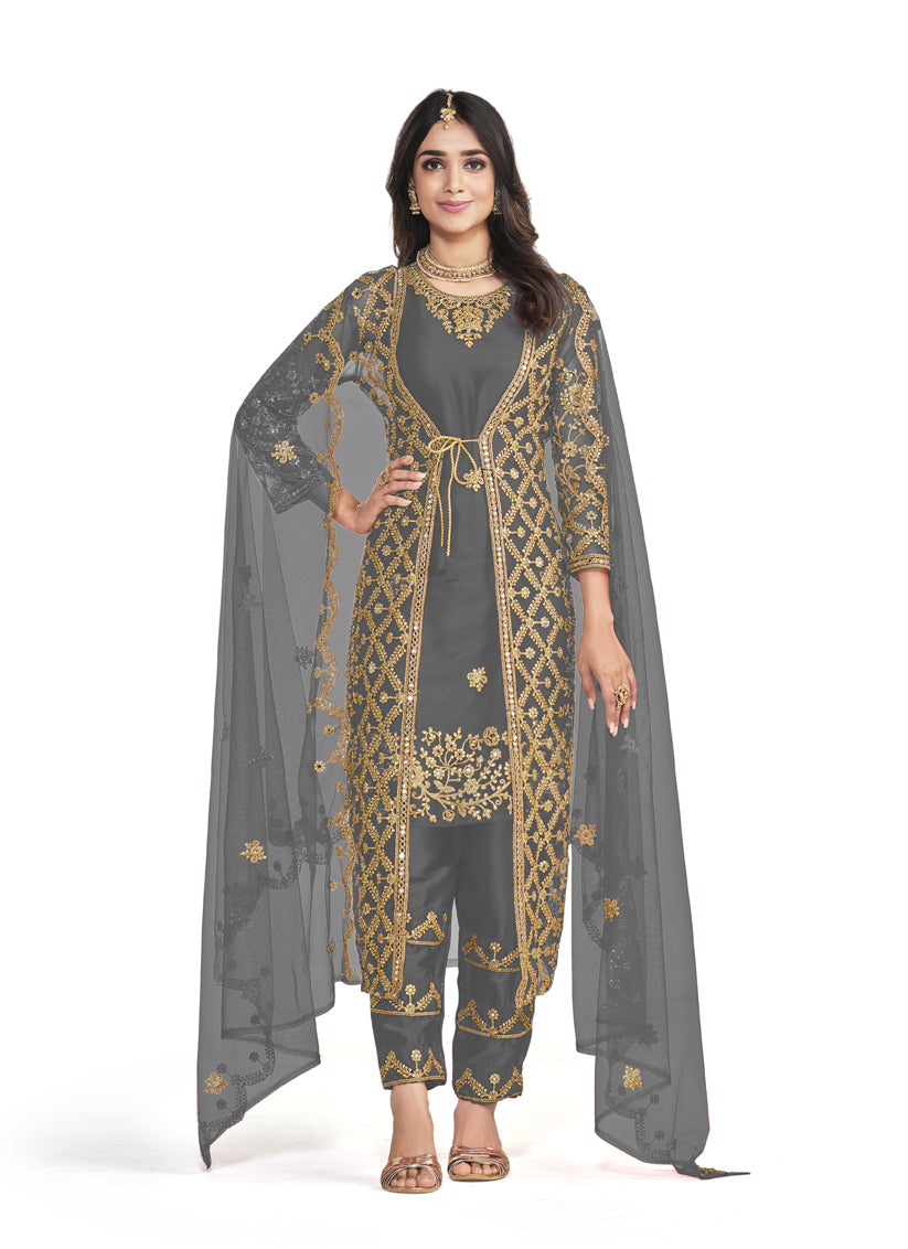 Dusty Grey Net Embroidered Pant Kameez with Jacket