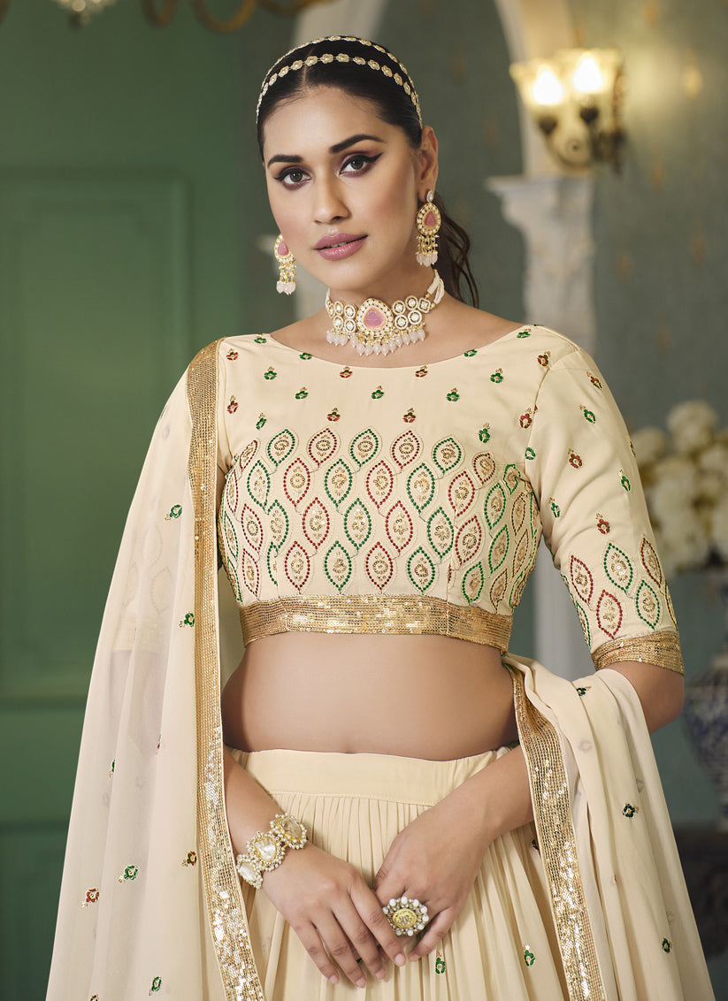 Ivory Georgette Embroidered Designer Lehenga Choli