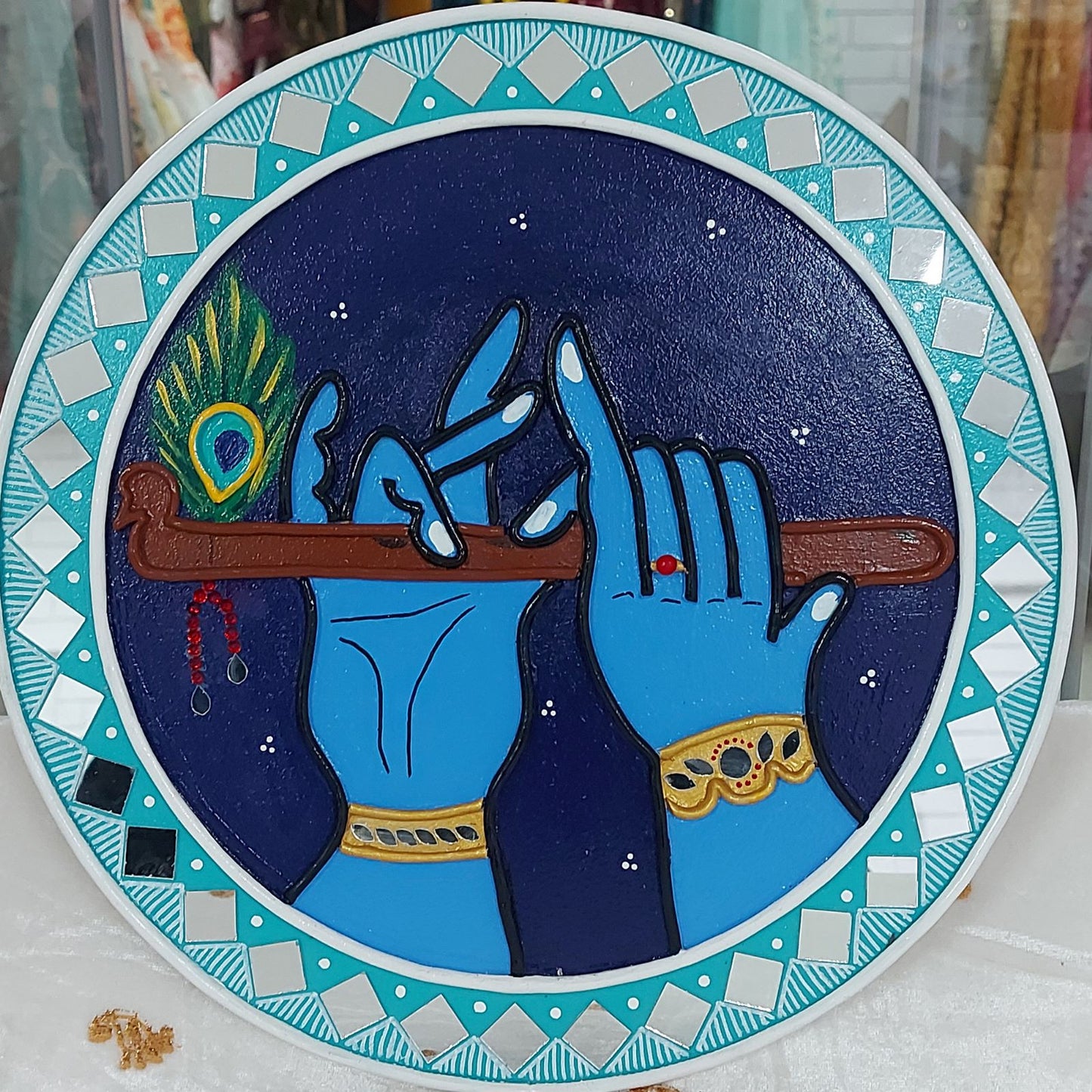 Set of 4 - Radhe Krishna Lippan Art Wall Plate