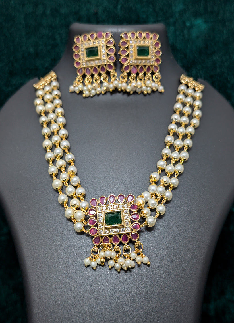 Pink & Green Pearl Choker Necklace Set