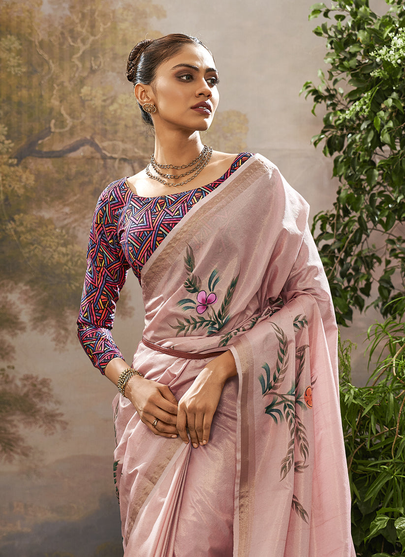 Onion Pink Linen Tissue Printed Saree For Festival