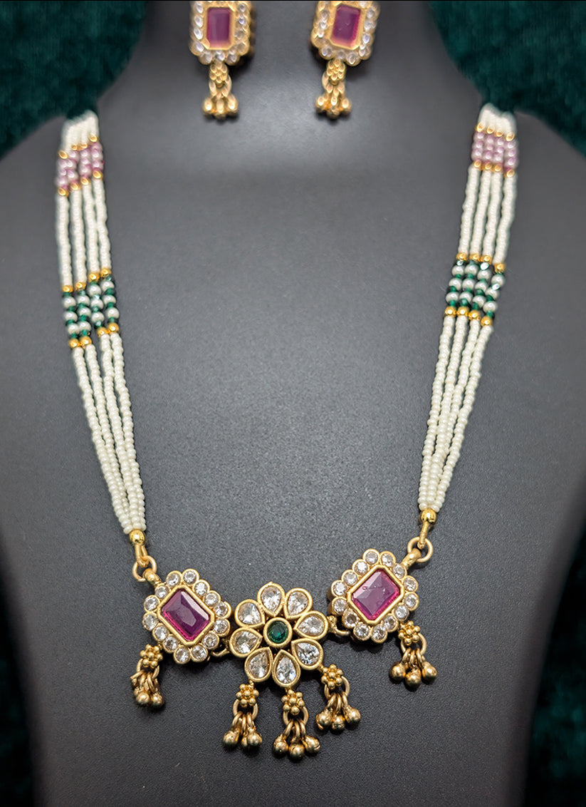 Precious White Pearl 4 String Long Necklace Set